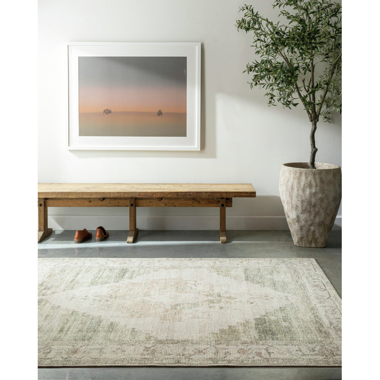 Ivory and Green Hand-knotted Wool and Synthetic Area Rug