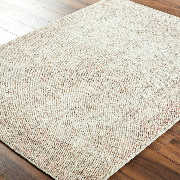 Ivory and Coral Hand-knotted Rectangular Synthetic Rug