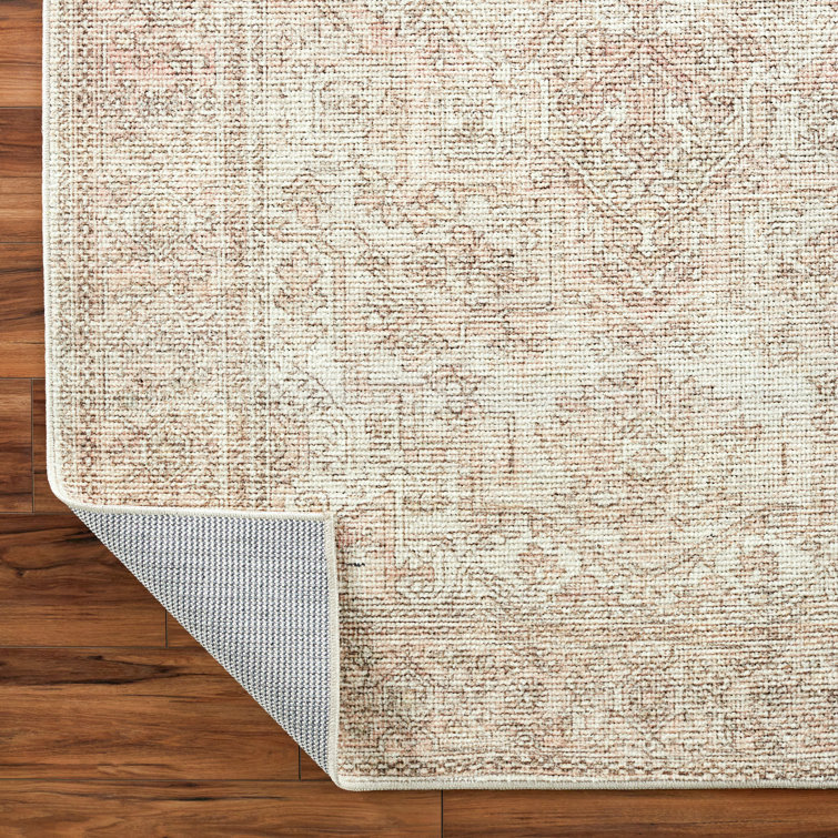 Ivory and Coral Hand-knotted Rectangular Synthetic Rug