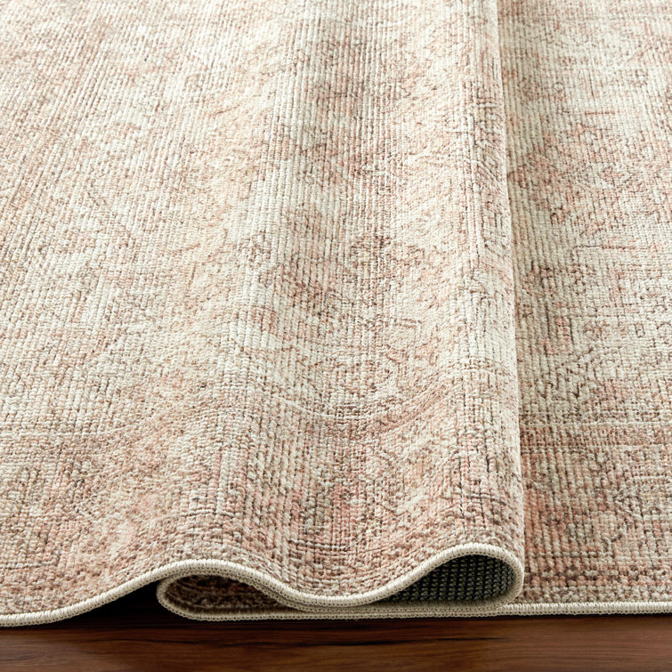 Ivory and Coral Hand-knotted Rectangular Synthetic Rug