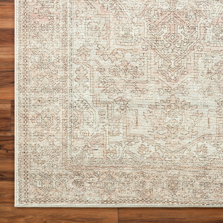 Ivory and Coral Hand-knotted Rectangular Synthetic Rug
