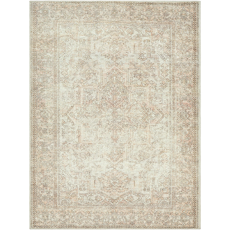 Ivory and Coral Hand-knotted Rectangular Synthetic Rug
