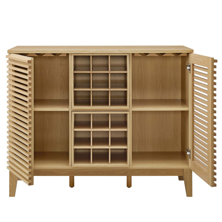 Mid-Century Slatted Oak Bar Cabinet with Integrated Wine Rack