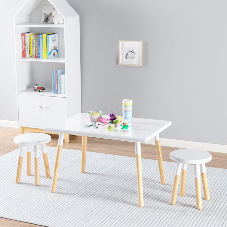 White and Natural Wood Kids Activity Table and Stool Set