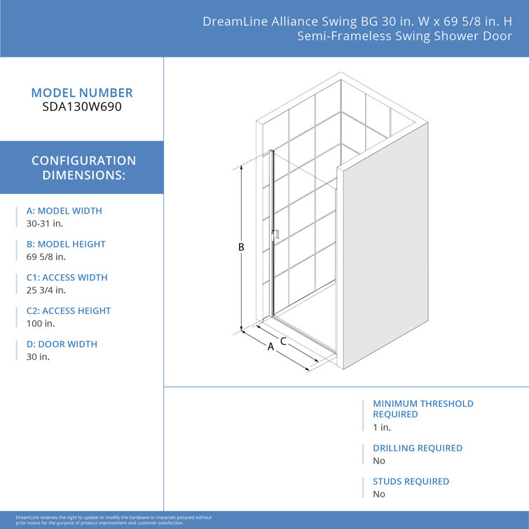 Brushed Nickel Semi-Frameless Swing Shower Door with Rain Glass