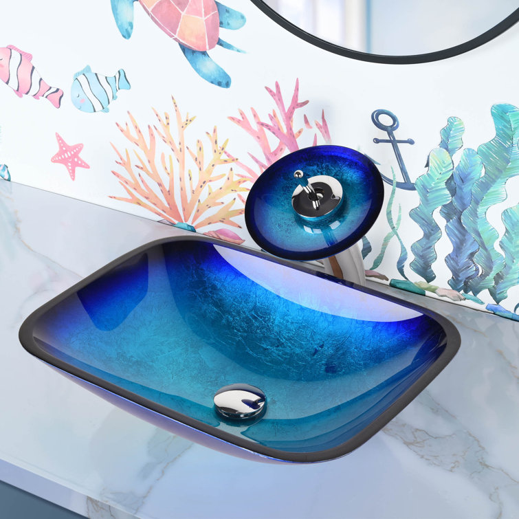 Blue Tempered Glass Rectangular Vessel Sink with Waterfall Faucet