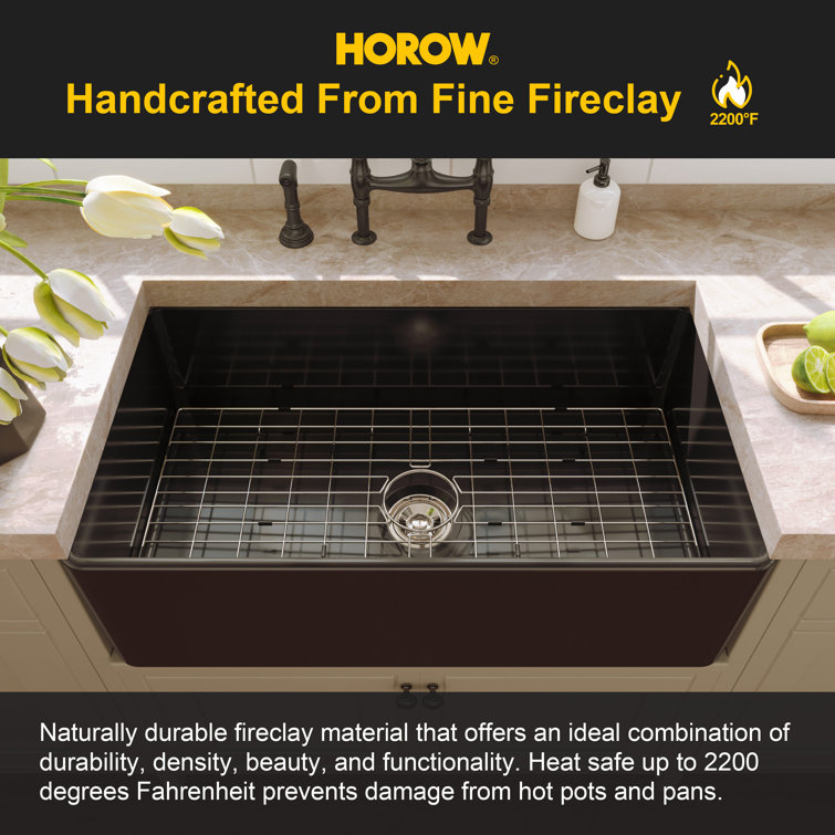 Matte Black Fireclay Farmhouse Kitchen Sink with Grid and Strainer