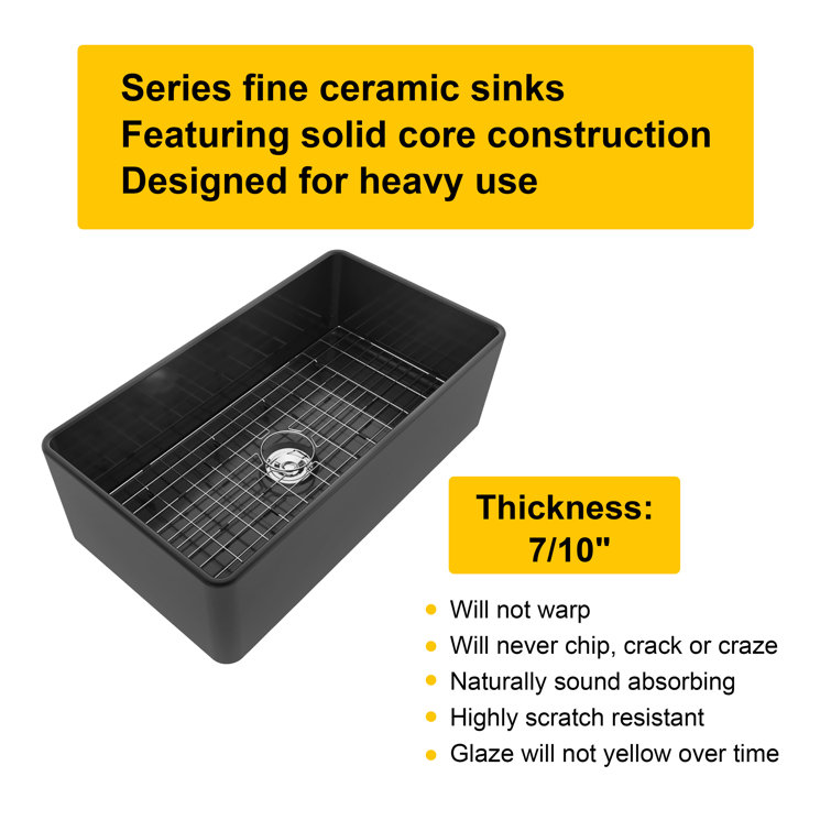 Matte Black Fireclay Farmhouse Kitchen Sink with Grid and Strainer