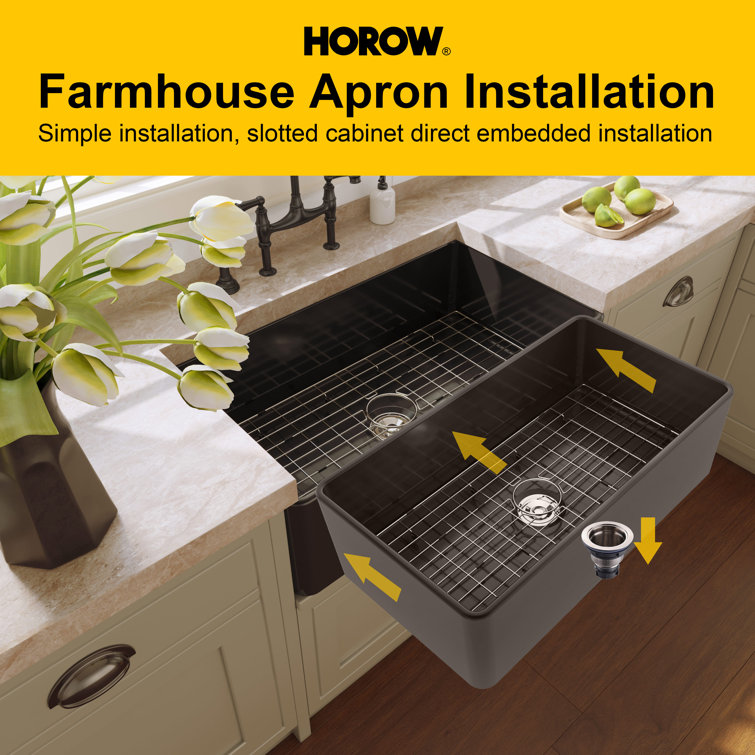 Matte Black Fireclay Farmhouse Kitchen Sink with Grid and Strainer