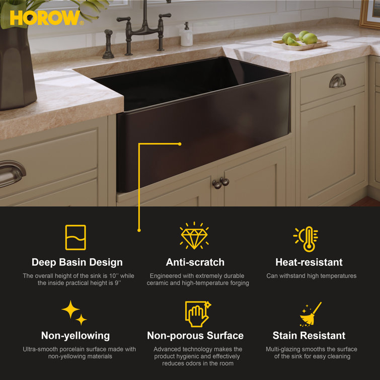 Matte Black Fireclay Farmhouse Kitchen Sink with Grid and Strainer
