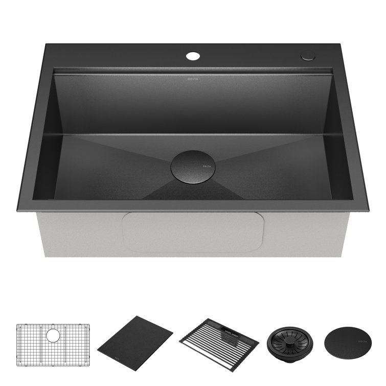 Delta Rivet 30" Black Stainless Steel Drop-In Workstation Kitchen Sink