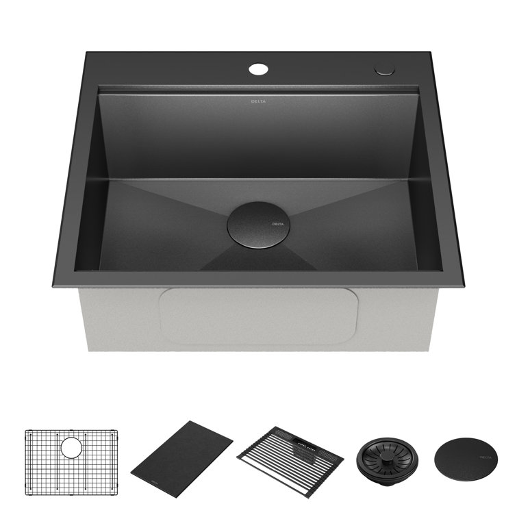 Delta Rivet 25" Black Stainless Steel Single Bowl Workstation Kitchen Sink