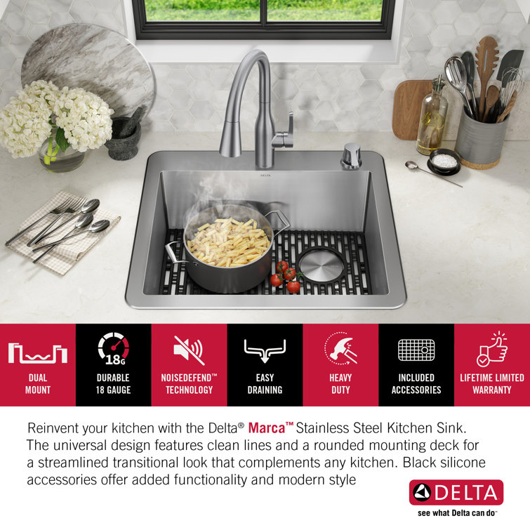 Delta Marca Drop-In Stainless Steel Single Bowl Kitchen Sink, 25" x 22"