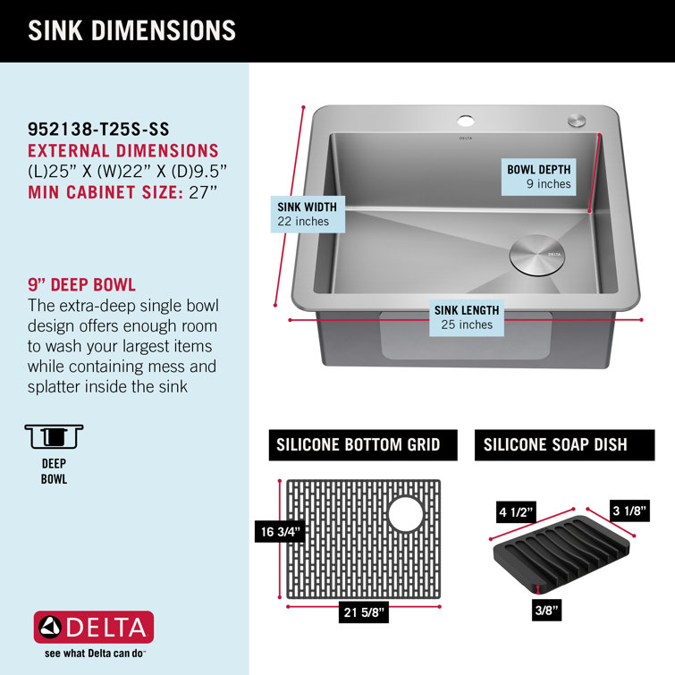 Delta Marca Drop-In Stainless Steel Single Bowl Kitchen Sink, 25" x 22"