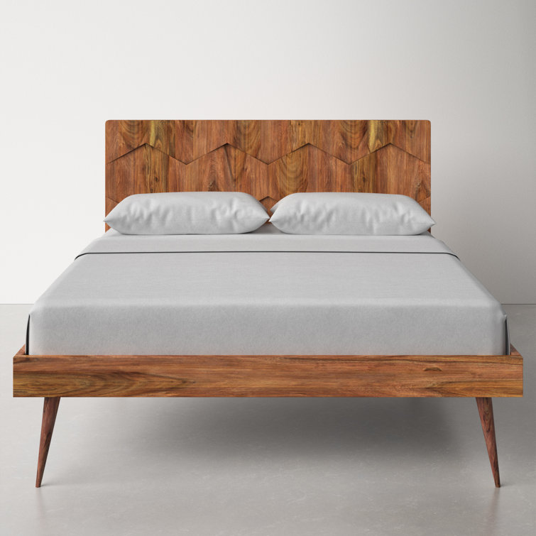 Deluxe Mid-Century Modern Sheesham Wood Queen Platform Bed with Storage