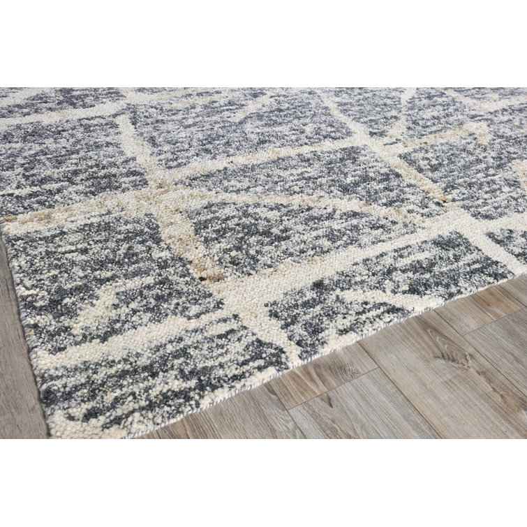 Ivory and Gray Hand-Knotted Wool Geometric 8' x 10' Rug
