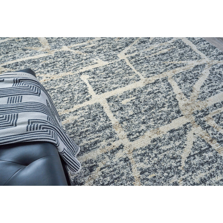 Ivory and Gray Hand-Knotted Wool Geometric 8' x 10' Rug