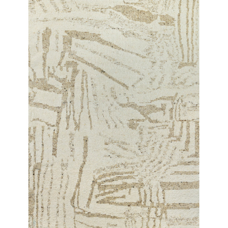 Ivory and Beige Hand-Knotted Wool Geometric Rug, 10' x 14'