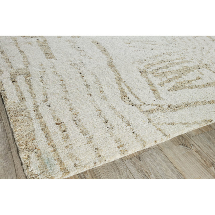 Ivory and Beige Hand-Knotted Wool Geometric Rug, 14' x 18'