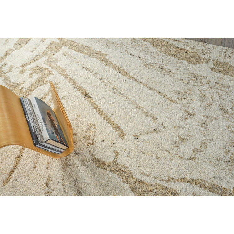 Ivory and Beige Hand-Knotted Wool Geometric Rug, 14' x 18'