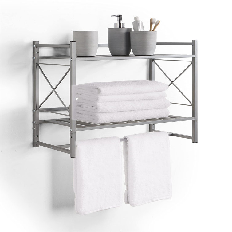 Silver Wall-Mounted 2-Tier Bathroom Shelf with Towel Bar