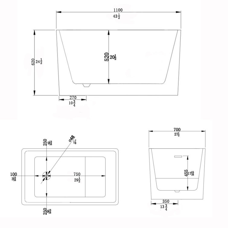 White Acrylic Rectangular Freestanding Soaking Bathtub, 44"