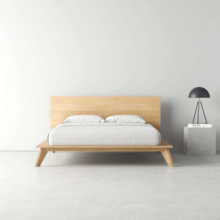 Queen Oak Wood Platform Bed with Headboard and Drawer