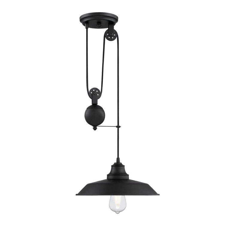 Matte Black Industrial Pulley Pendant Light with Glass Shade