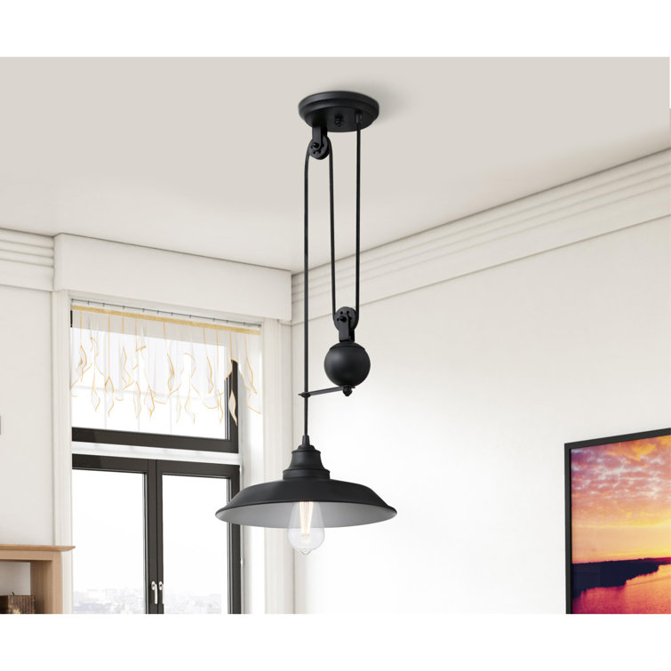 Matte Black Industrial Pulley Pendant Light with Glass Shade