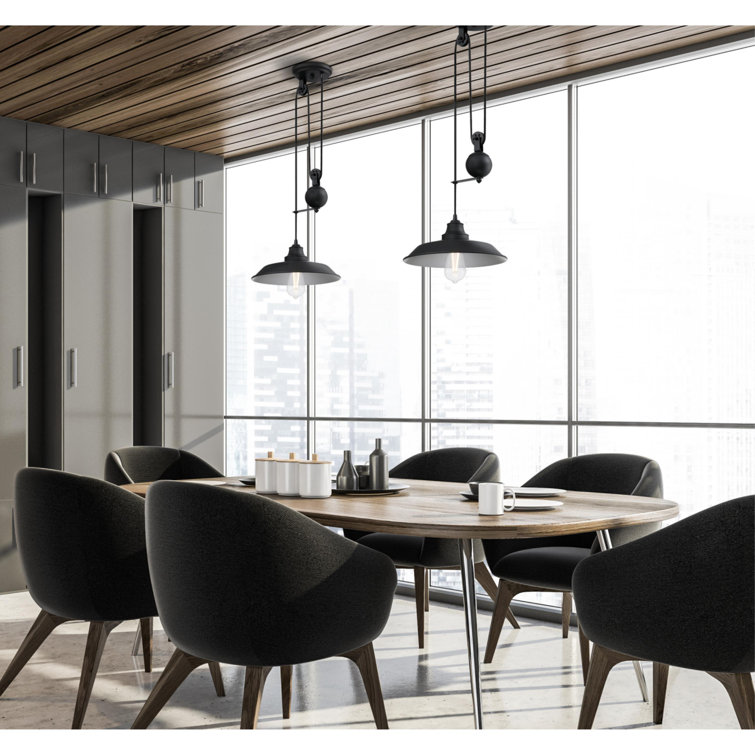 Matte Black Industrial Pulley Pendant Light with Glass Shade