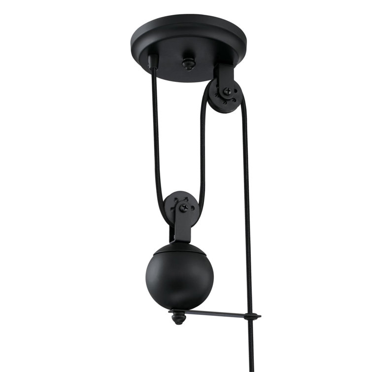 Matte Black Industrial Pulley Pendant Light with Glass Shade