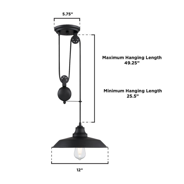 Matte Black Industrial Pulley Pendant Light with Glass Shade