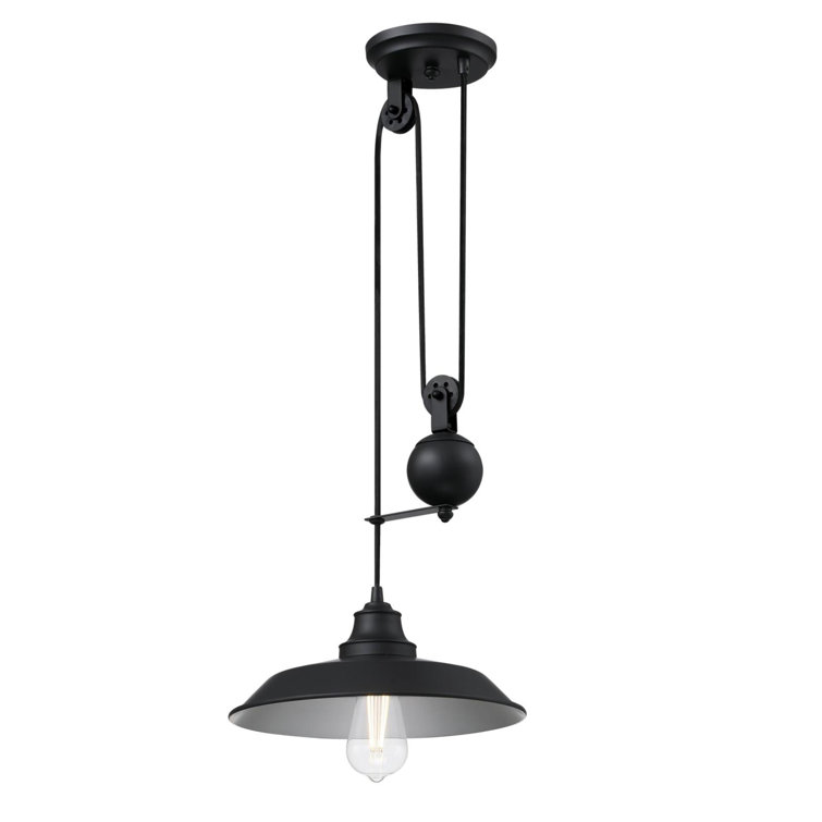 Matte Black Industrial Pulley Pendant Light with Glass Shade
