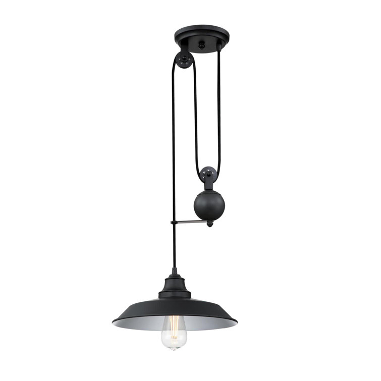 Matte Black Industrial Pulley Pendant Light with Glass Shade
