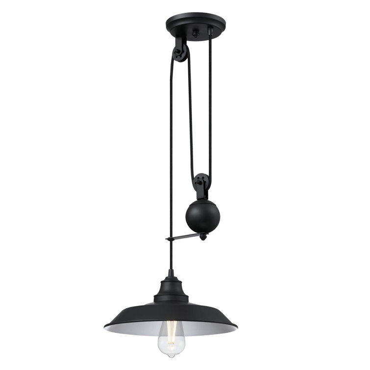 Matte Black Industrial Pulley Pendant Light with Glass Shade