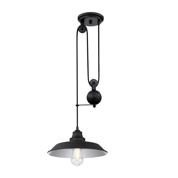 Matte Black Industrial Pulley Pendant Light with Glass Shade