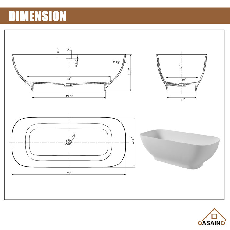 67'' White Solid Surface Freestanding Soaking Bathtub