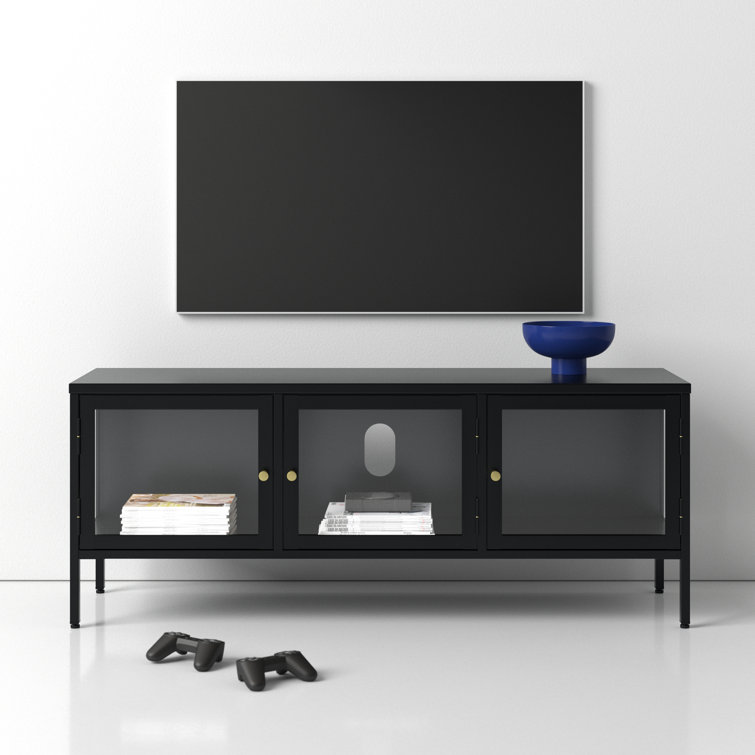 Black Metal and Glass 3-Cabinet TV Stand with Brass Knobs