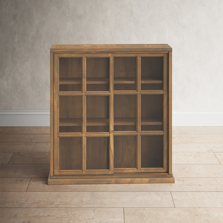 Transitional Oak 3-Tier 38" Bookcase with Sliding Glass Doors