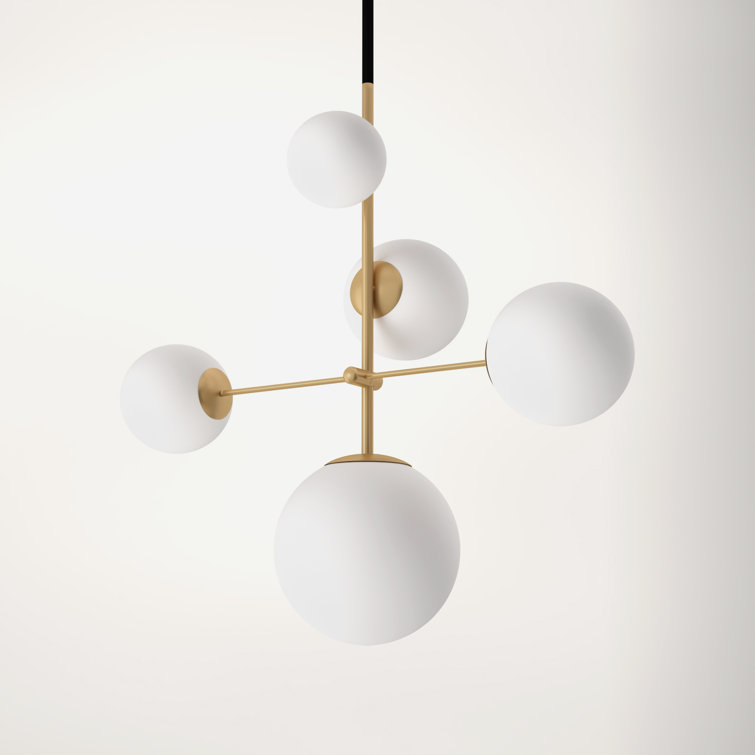 Vesper Satin Brass & Black 5-Light Globe Pendant with Satin White Glass