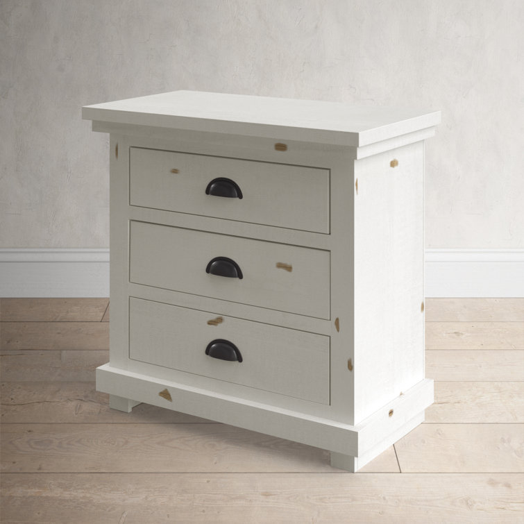 Lodge-Style Distressed Wood 3-Drawer Nightstand with Gunmetal Handles