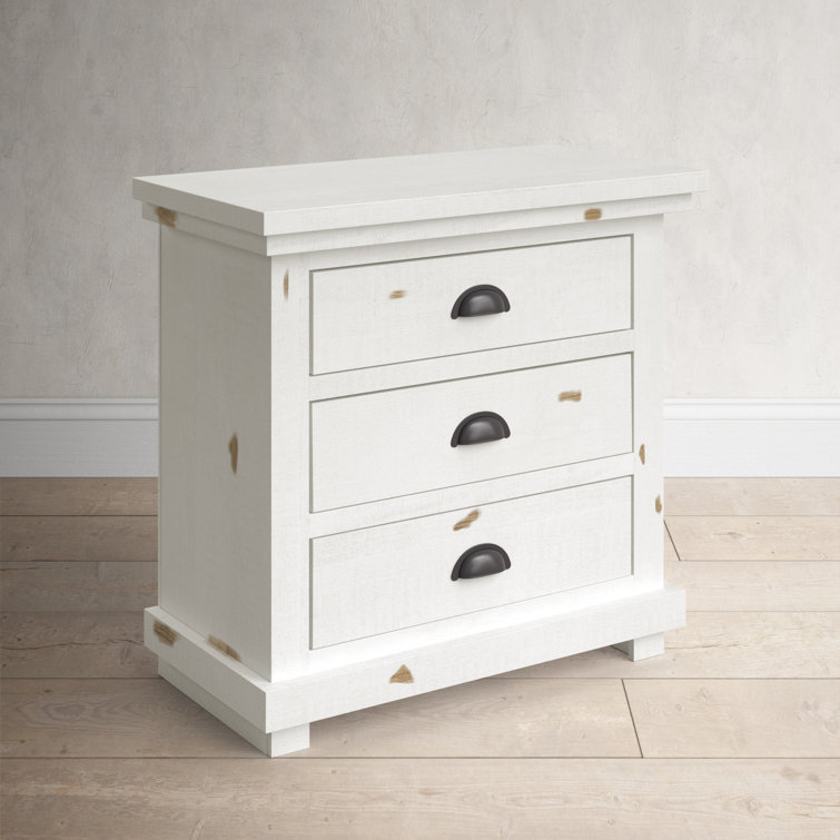 Lodge-Style Distressed Wood 3-Drawer Nightstand with Gunmetal Handles