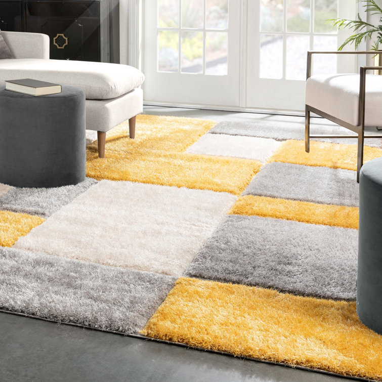 Yellow and Gray Geometric Shag Rug, 5'3" x 7'3"