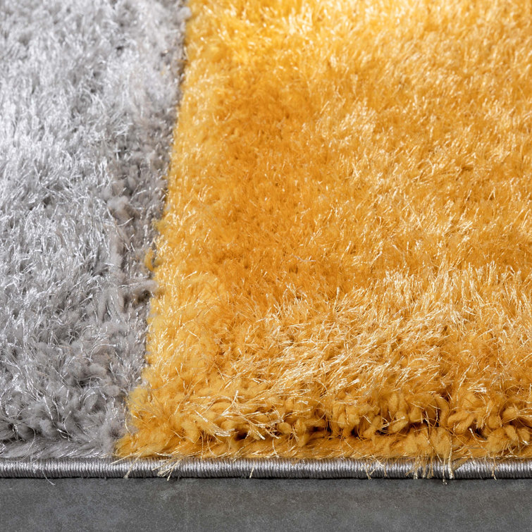 Yellow and Gray Geometric Shag Rug, 5'3" x 7'3"
