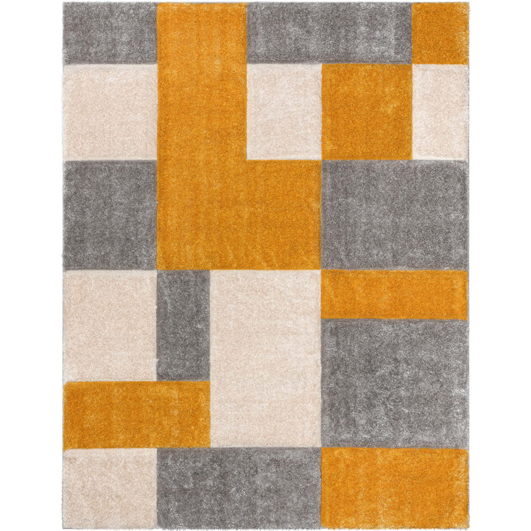 Yellow and Gray Geometric Shag Rug, 5'3" x 7'3"