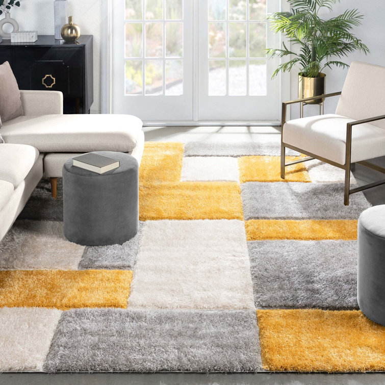 Yellow and Gray Geometric Shag Rug, 5'3" x 7'3"