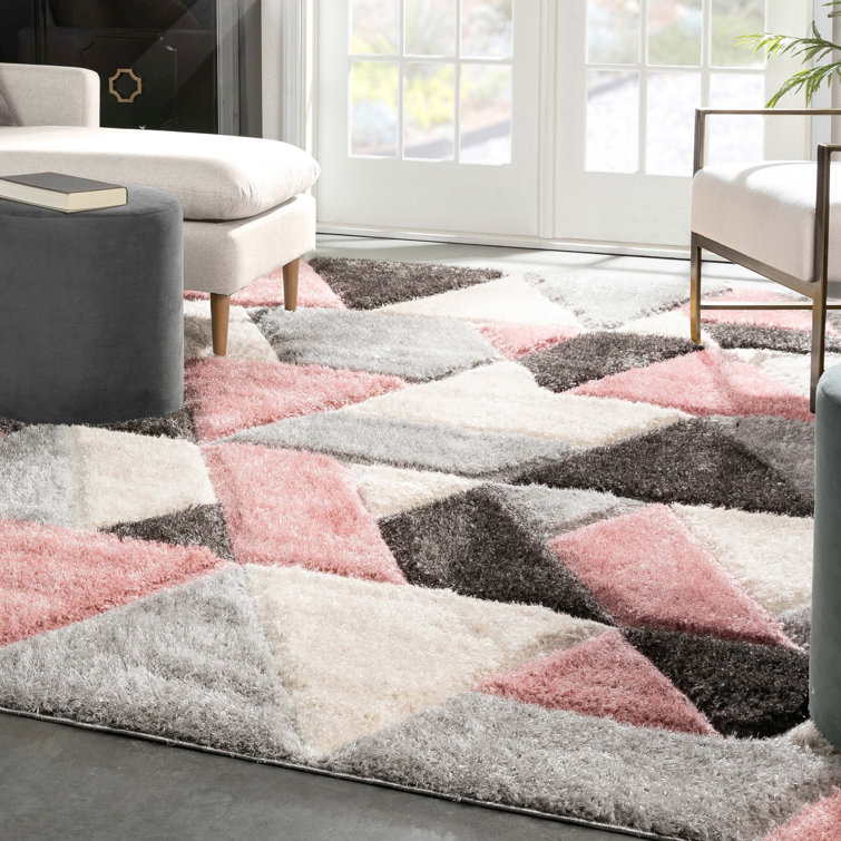 Blush and Gray Geometric Shag Area Rug 5' x 7'