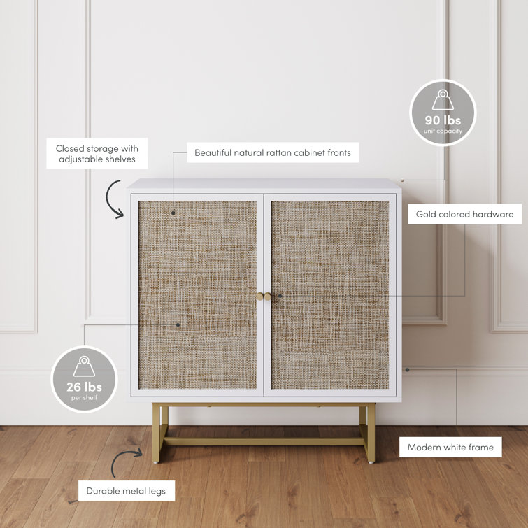 White and Natural Rattan Freestanding Cabinet with Adjustable Shelving