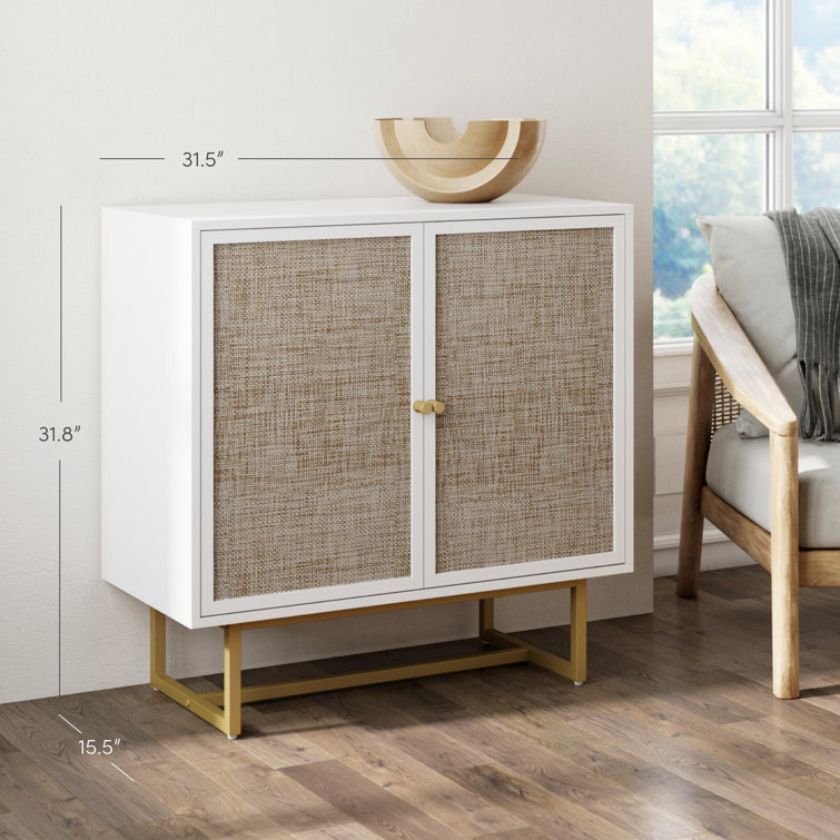 White and Natural Rattan Freestanding Cabinet with Adjustable Shelving