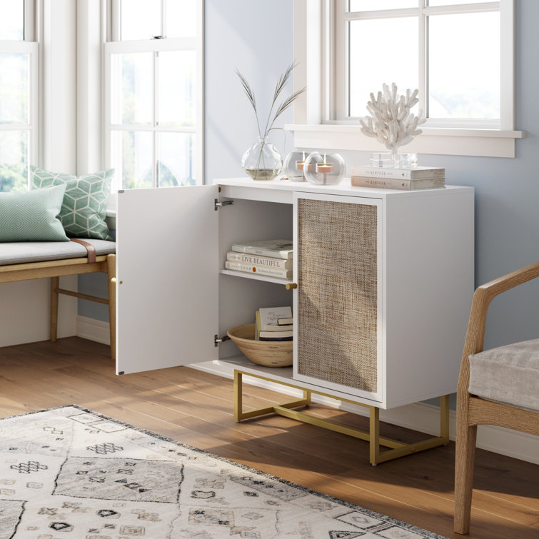 White and Natural Rattan Freestanding Cabinet with Adjustable Shelving